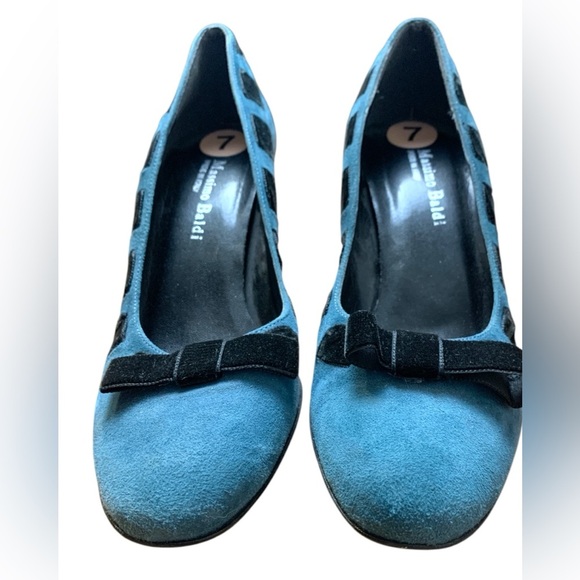 Massimo Baldi Unique Teal Suede Heels w Black Velvet Ribbon Woven - Picture 4 of 6